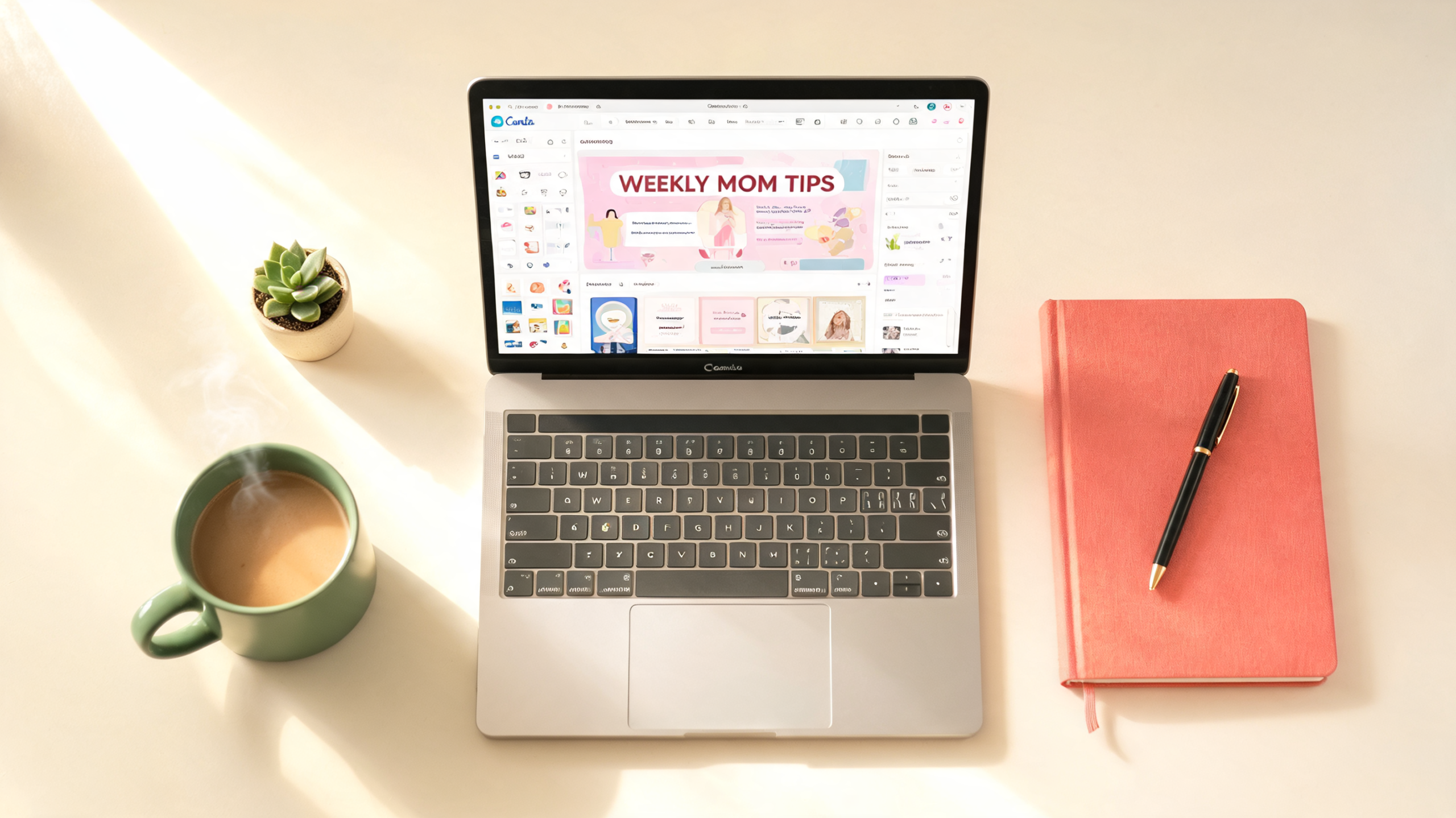 Flat lay of laptop showing Canva design screen on cream desk with notebook and coral pen