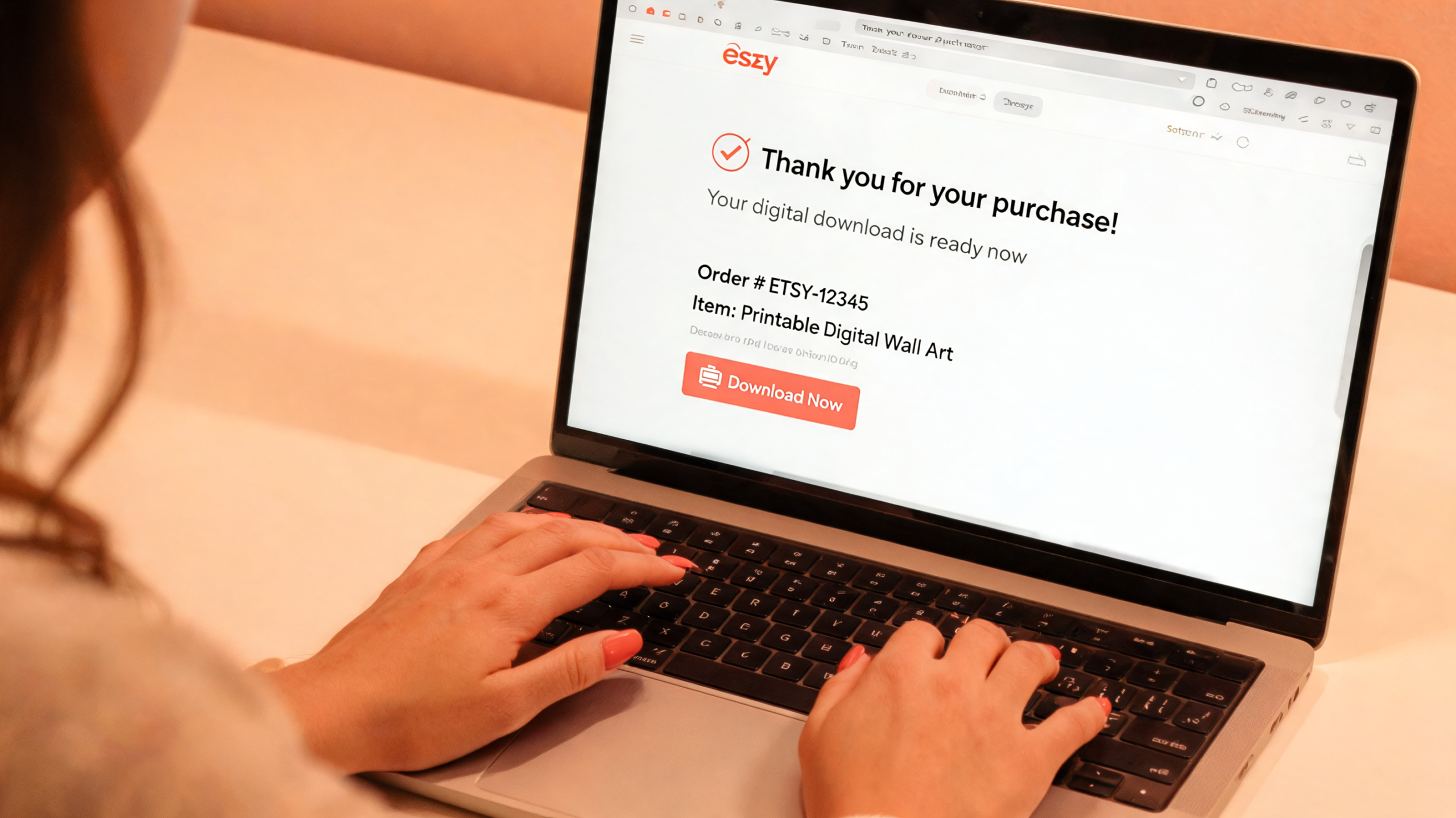 Close-up of hands on laptop screen showing Etsy digital download confirmation page