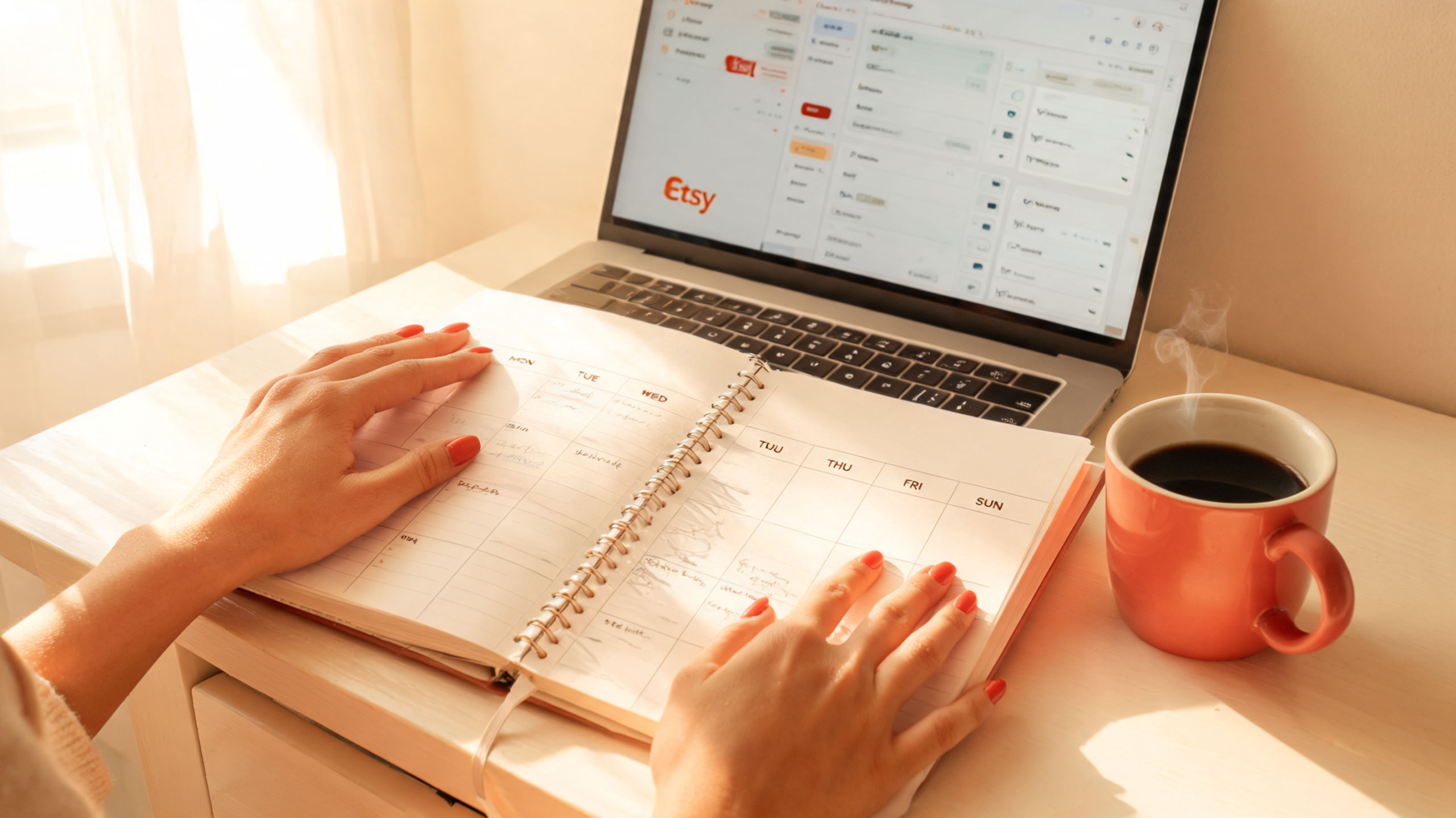 Mom hands organizing weekly planner with Etsy dashboard open on laptop, warm home setting