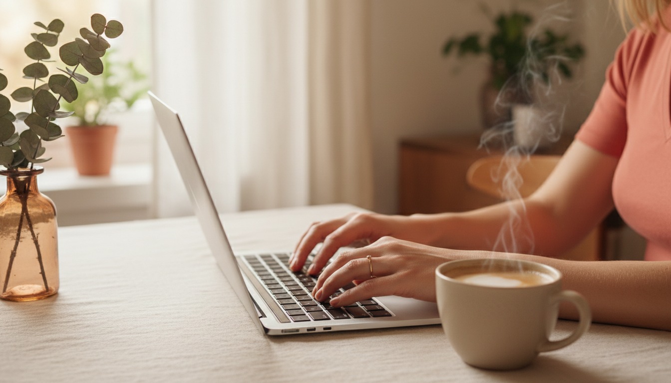 social media manager side hustle for moms — mom checking local business social media accounts on phone and laptop