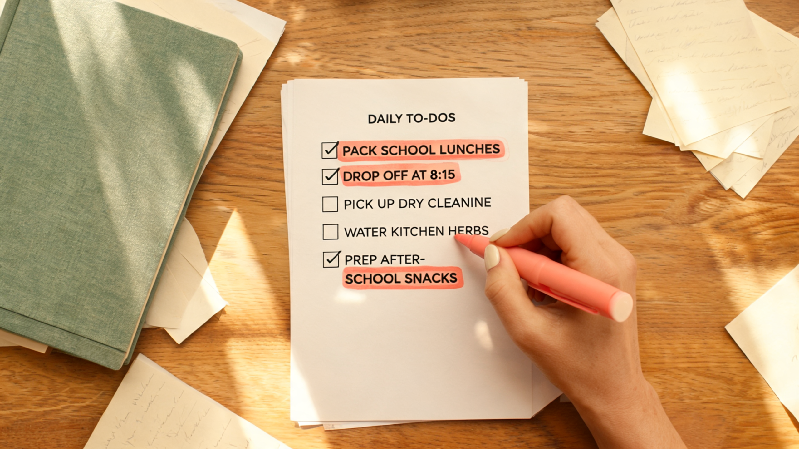 Overhead shot of printed niche checklist on cream paper with coral highlighter marks