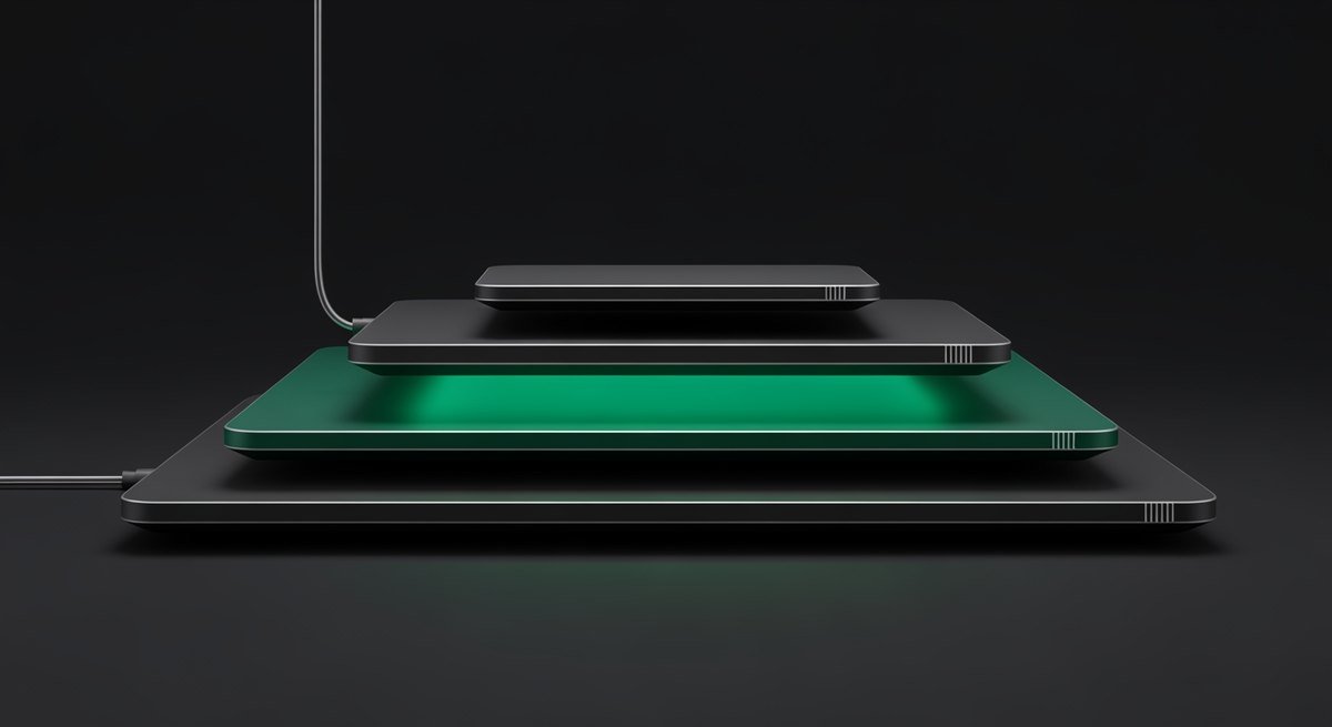 Three stacked layers of increasing width forming a compact stack