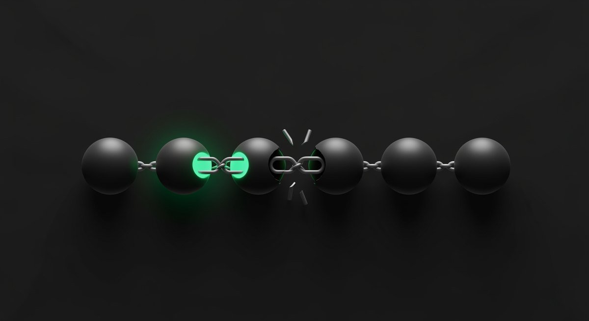 A broken link in a chain of connected nodes with no alert indicator