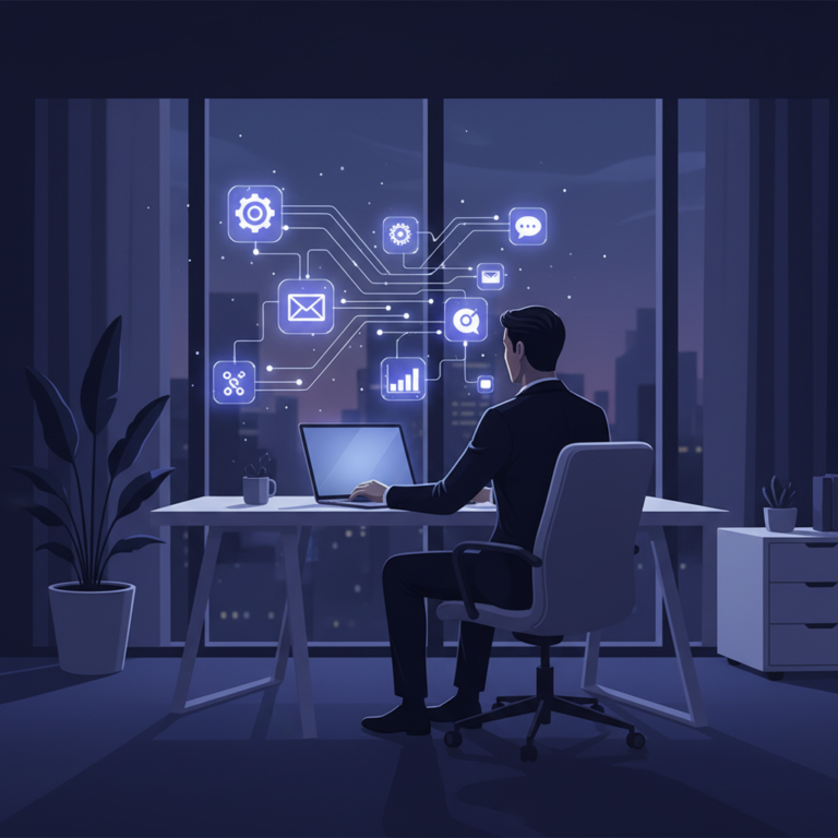 Small business owner at a desk with glowing AI workflow automation connections linking app icons