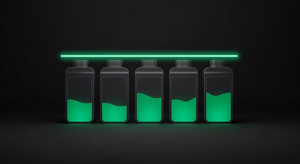 Several containers filled to different levels beneath a shared ceiling line