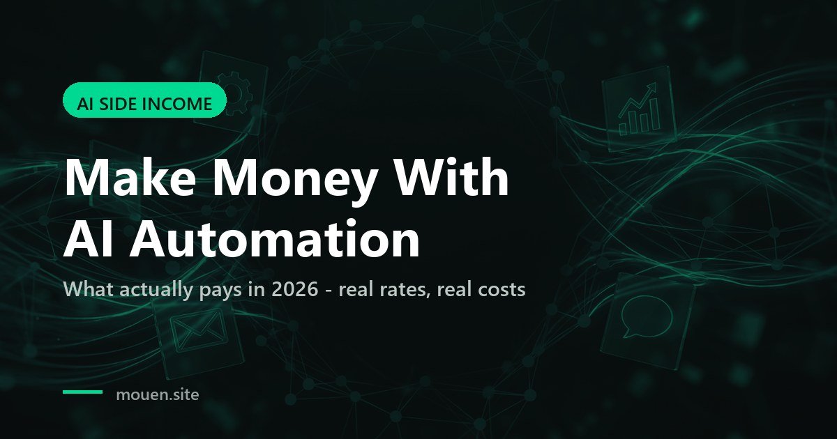 Make Money With AI Automation cover graphic on a dark green network background