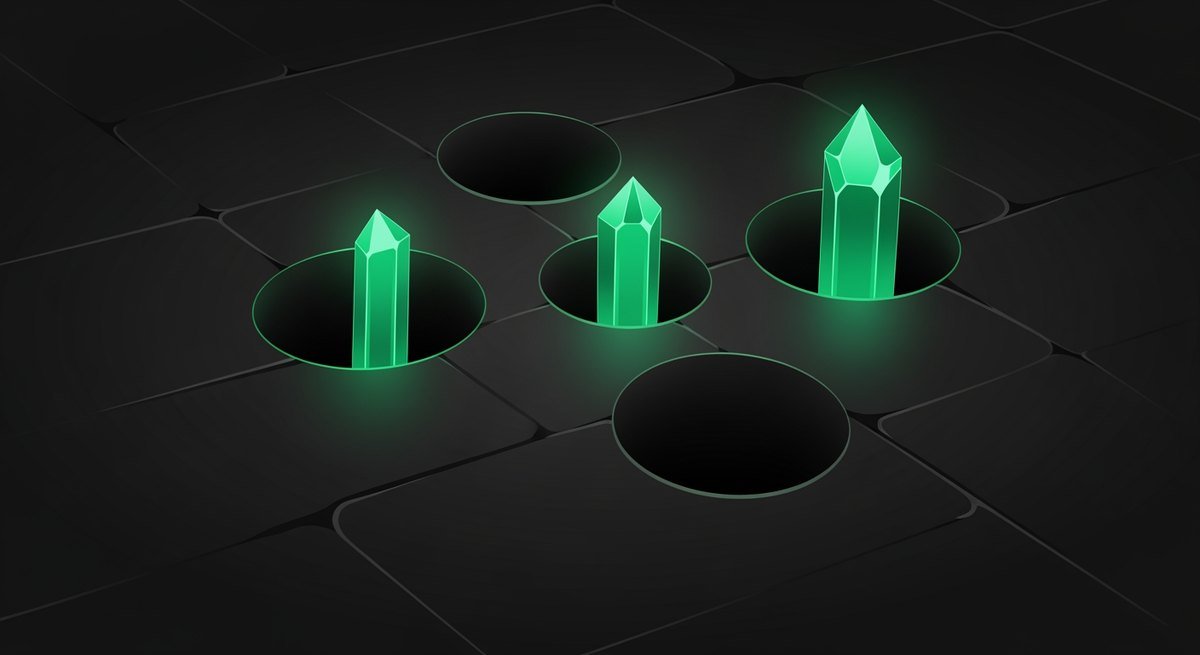 Sockets cut into a dark stone floor, three of them holding glowing green crystals while the rest stand empty and unlit