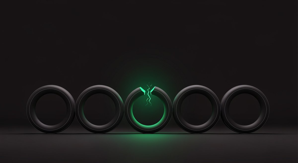 A line of five dark metal rings linked across a floor with the middle ring cracked open and glowing green, marking the point of friction in a workflow