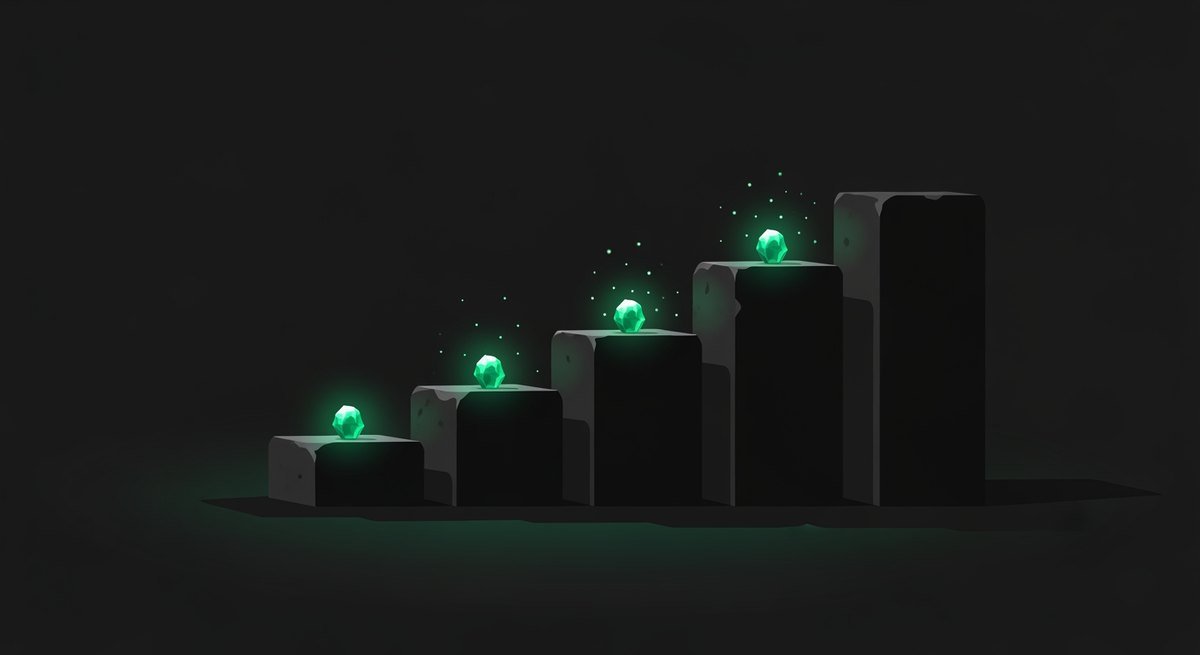 A rising run of dark stone steps climbing left to right, each step topped with a glowing green crystal