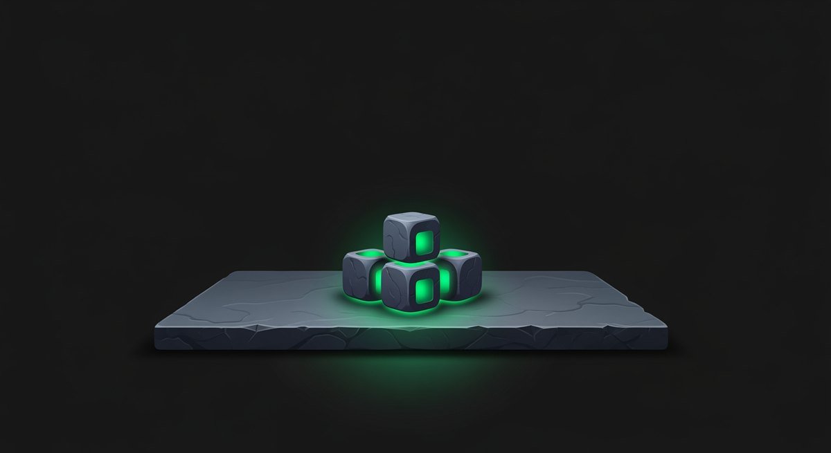 Small glowing green cubes resting on top of a wide plain dark slab, representing a handful of subscribers covering the fixed infrastructure cost