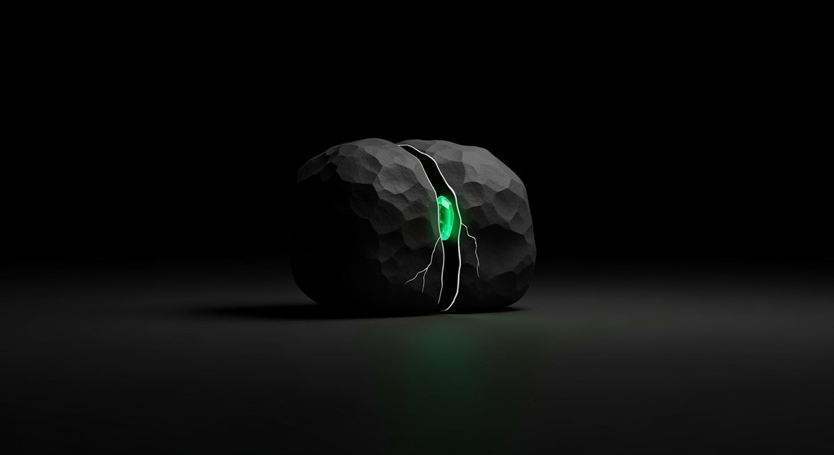 A dark stone block with a glowing green crystal visible deep inside through a narrow crack, representing expertise buried in the prompt rather than in the code